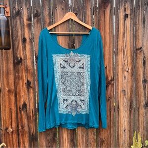 Lucky Brand Blue Metallic Mandala Open Back Long Sleeve Top Boho Hippie Yoga XL